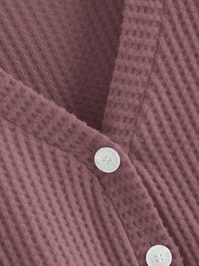 SHEIN EZwear Plus Waffle Knit Button Front Drop Shoulder Top - Dusty Pink - View 3