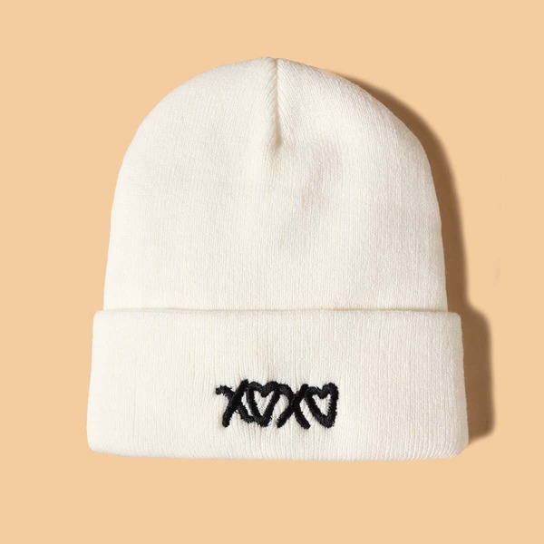 

Heart Embroidery Knit Beanie, White