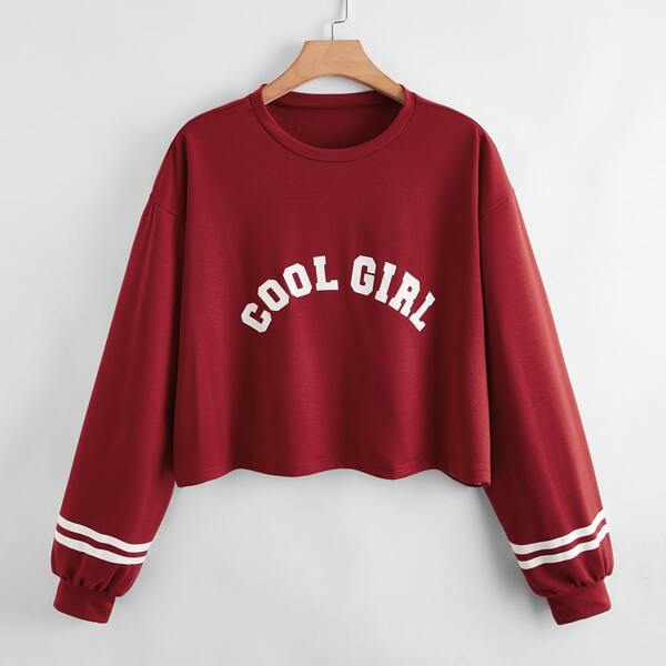 

Plus Striped And Letter Graphic Sweatshirt, Burgundy