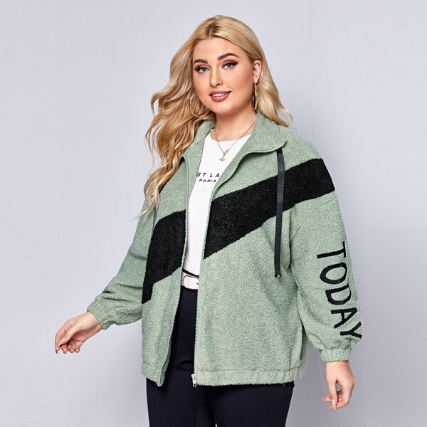 

Plus Embroidery Letter Colorblock Teddy Jacket, Mint green