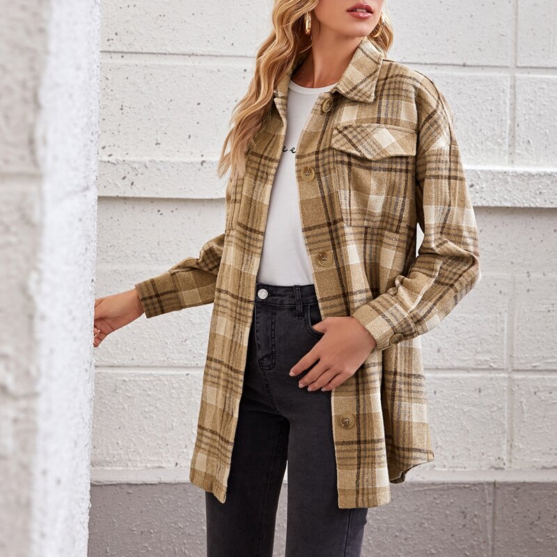 

Collared Single Breasted Pocket Front Plaid Coat, Multicolor