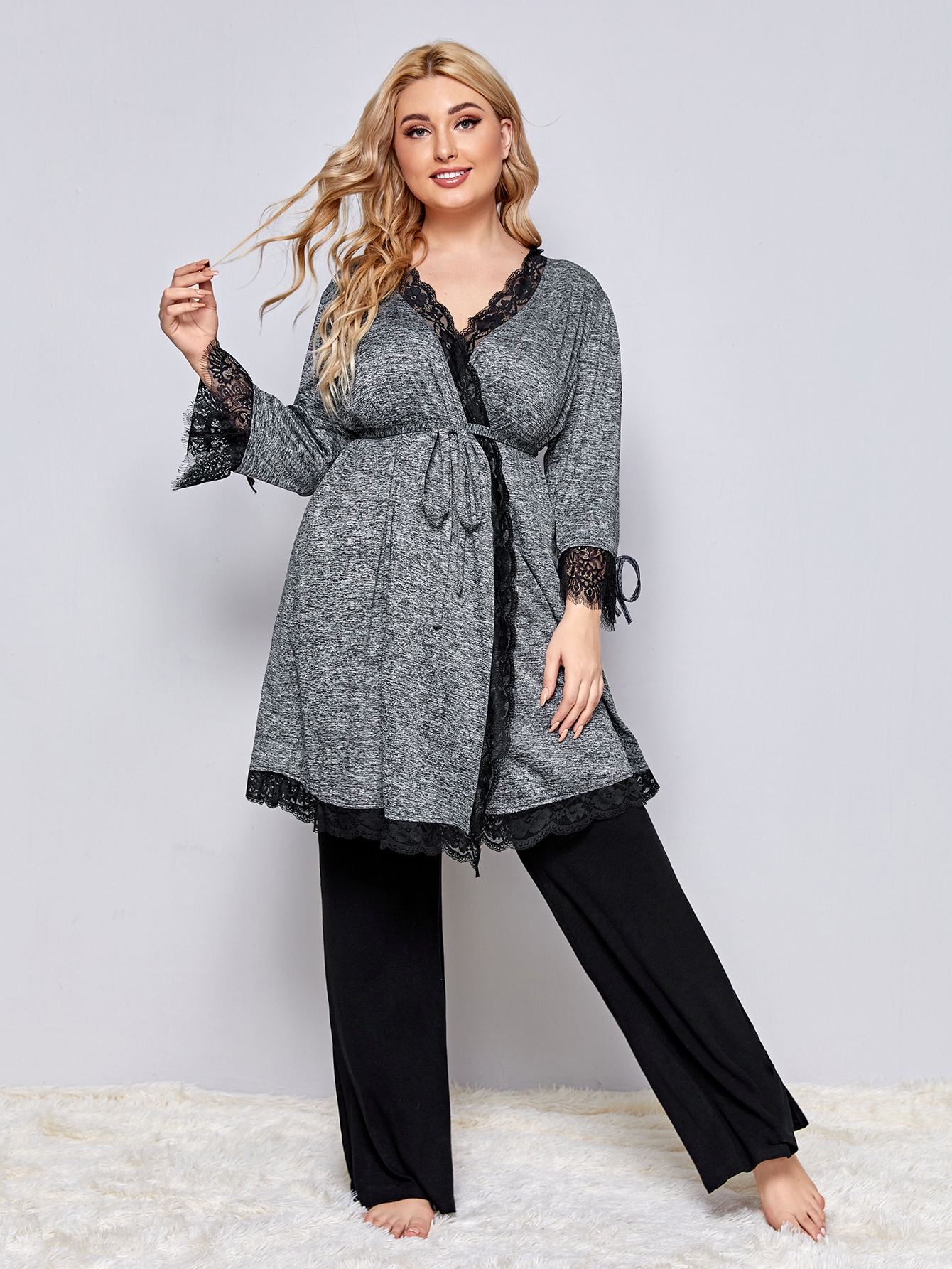 Plus Lace Trim Self Belted Sleep Top thumbnail