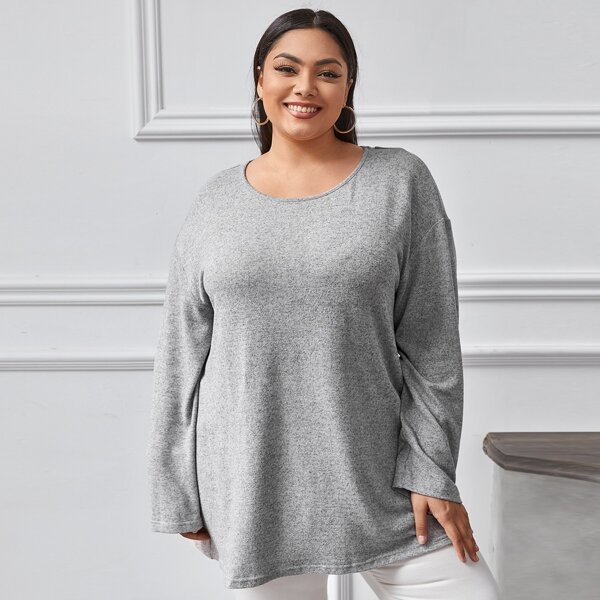 

Plus Drop Shoulder Contrast Lace Tee, Grey