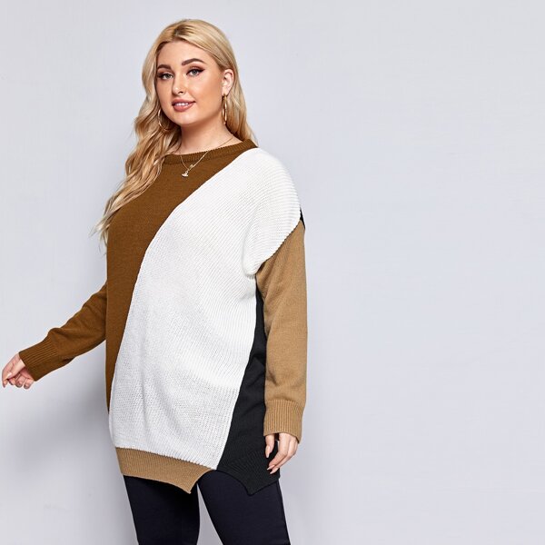 

Plus Colorblock Drop Shoulder Longline Sweater, Multicolor