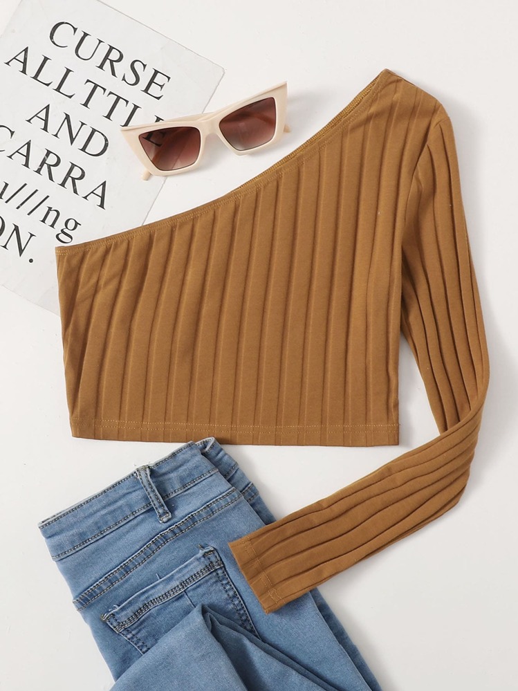 SHEIN Muchic One Shoulder Rib-knit Crop Top - Camel - View 1