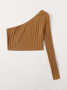 Muchica One Shoulder Rib-knit Crop Top - Camel - View 3