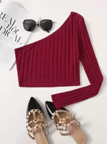 SHEIN EZwear One Shoulder Rib-knit Crop Top - Burgundy - View 1