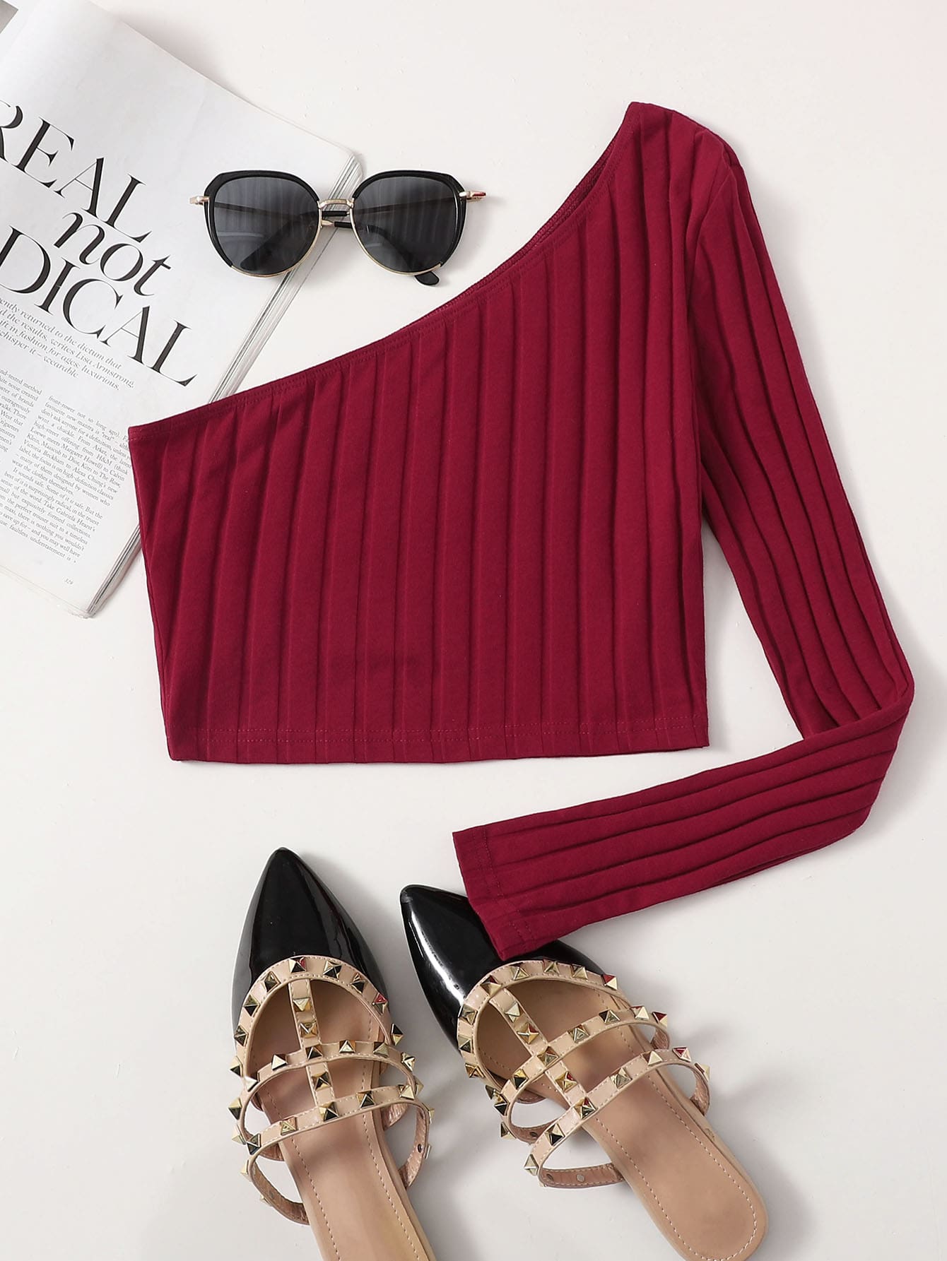 SHEIN EZwear One Shoulder Rib-knit Crop Top - Burgundy - View 1