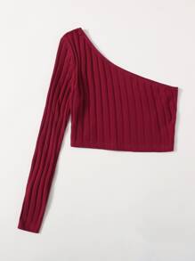 SHEIN EZwear One Shoulder Rib-knit Crop Top - Burgundy - View 2