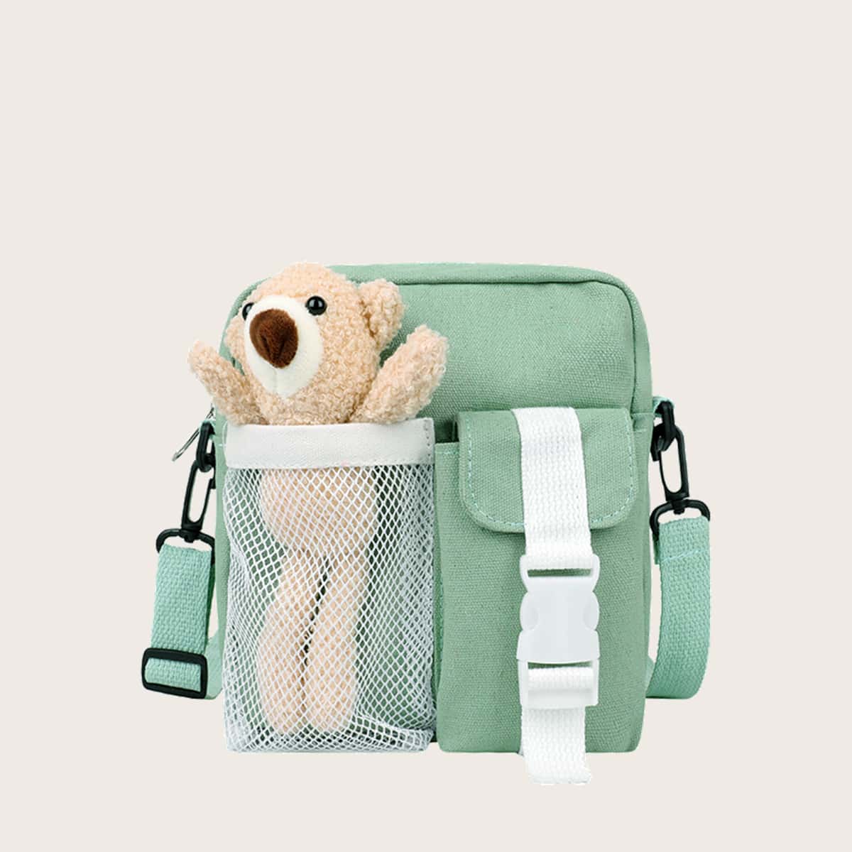 

Cartoon Bear Canvas Crossbody Bag, Pastel mint green