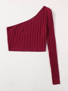 SHEIN EZwear One Shoulder Rib-knit Crop Top - Burgundy - View 4