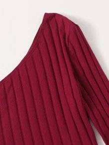SHEIN EZwear One Shoulder Rib-knit Crop Top - Burgundy - View 5