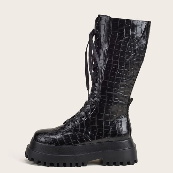 

Croc Embossed Lace-up Front Combat Boots, Black