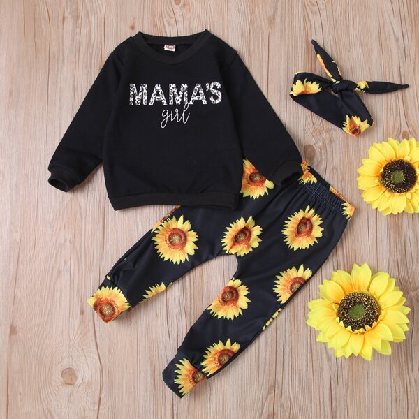 

Toddler Girls Letter And Sunflower Print Sweatshirt & Joggers & Headband, Black