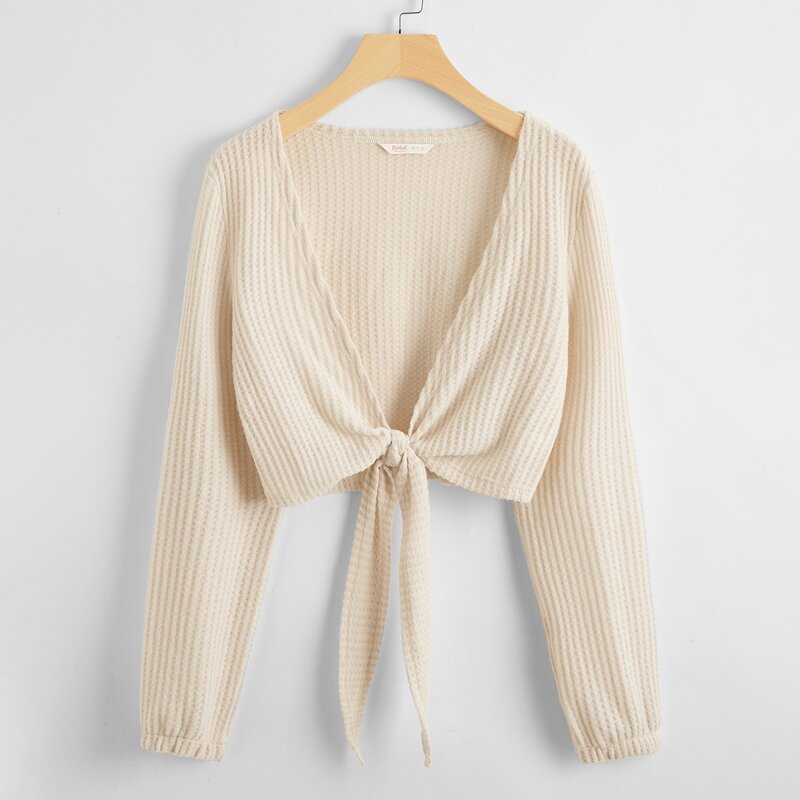 

Solid Knot Front Cardigan, Beige