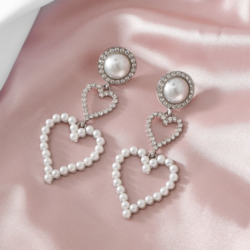 

Faux Pearl Heart Drop Earrings, Silver