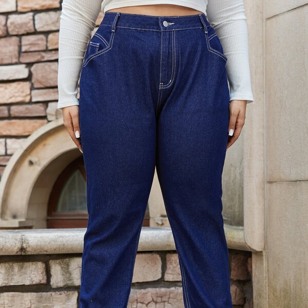 

Plus High Waist Whip Stitch Mom Jeans, Dark wash