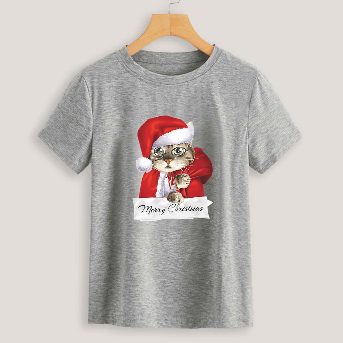 

Christmas Letter Cat Graphic Tee, Grey