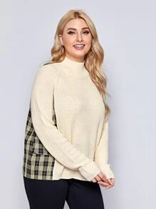 Mulvari Plus Tartan Panel Flap Detail Sweater - Beige - View 4