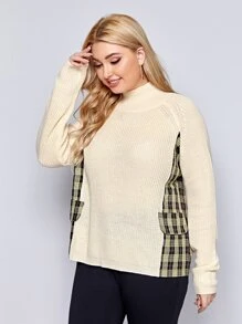 Mulvari Plus Tartan Panel Flap Detail Sweater - Beige - View 3