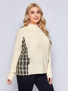 Mulvari Plus Tartan Panel Flap Detail Sweater - Beige - View 1