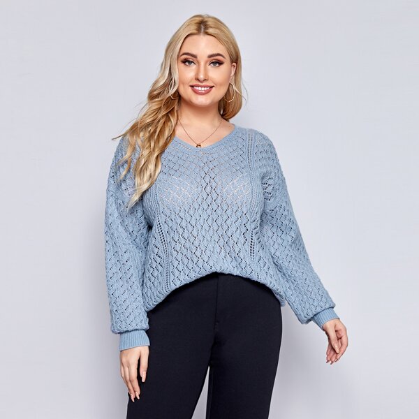 

Plus Drop Shoulder Open Knit Sweater, Dusty blue
