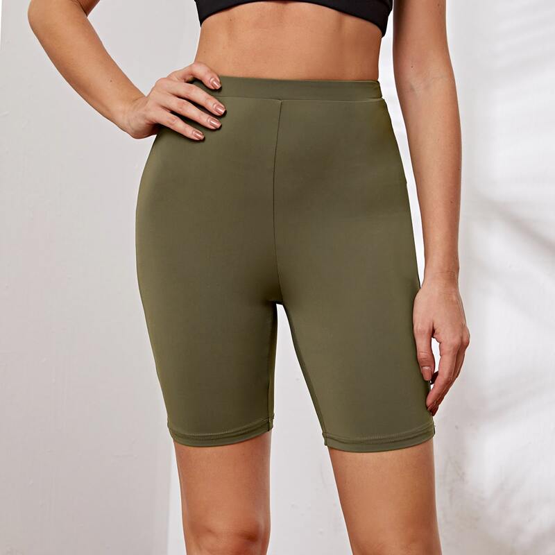 

High Waist Solid Biker Shorts, Army green