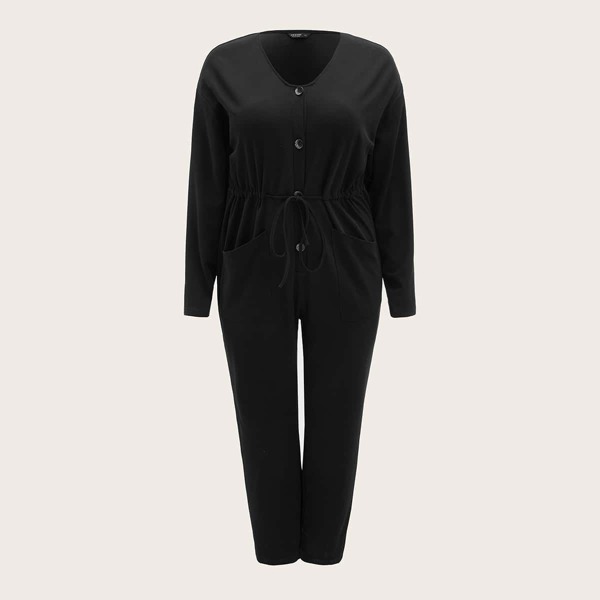 

Plus Drawstring Waist Dual Pocket Jumpsuit, Black