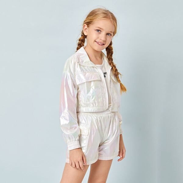 

Girls Flap Pocket Patched Hologram Wind Jacket and Shorts Set, Beige
