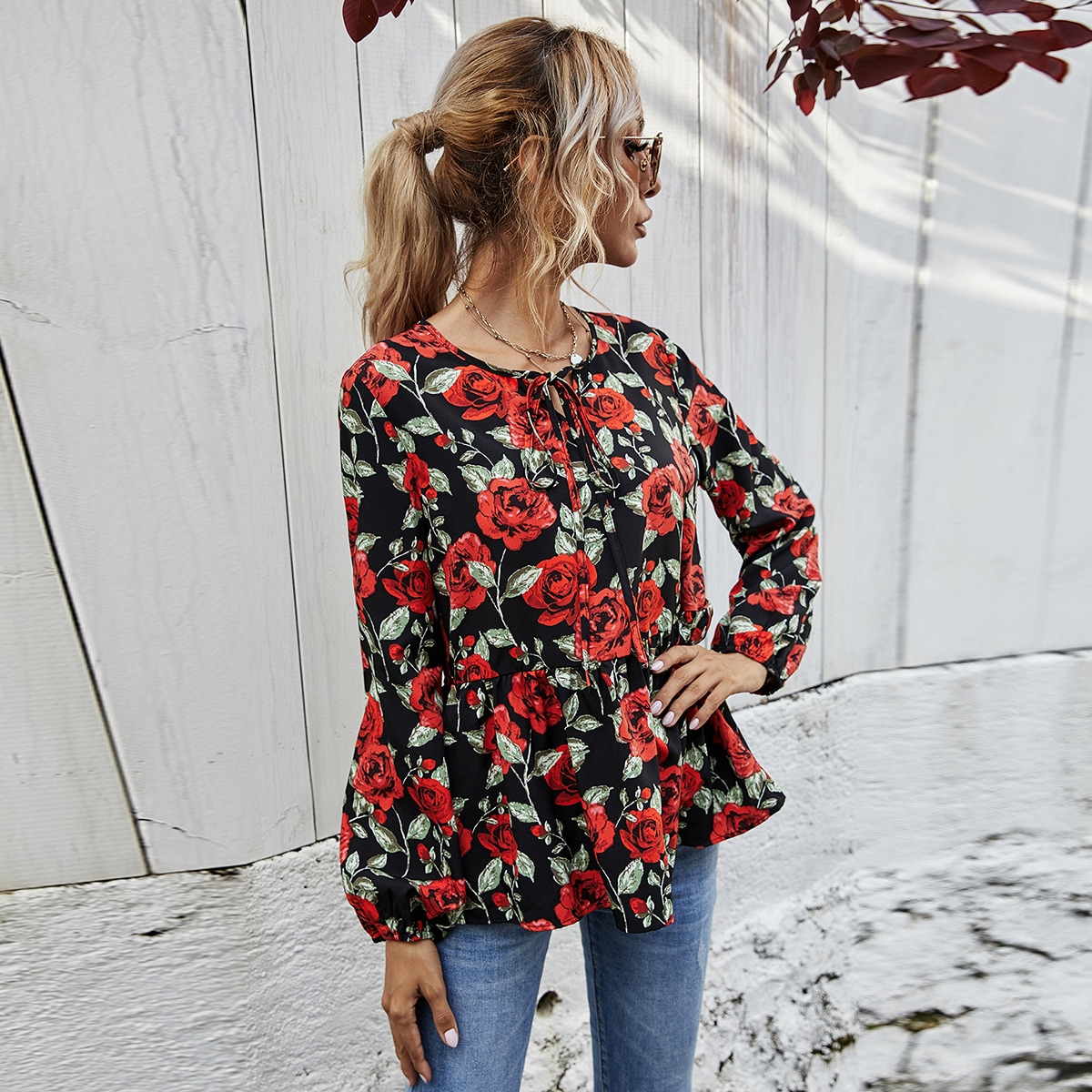 Image of All Over Floral Print Tie Neck Peplum Blouse