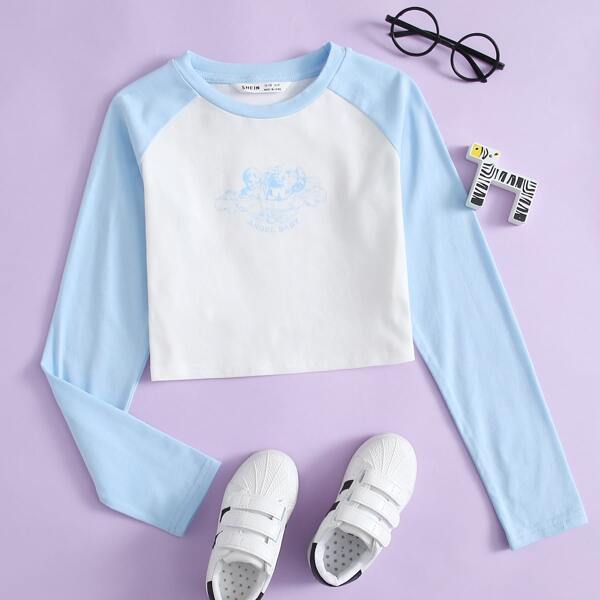 

Girls Angel Print Raglan Sleeve Tee, Blue and white