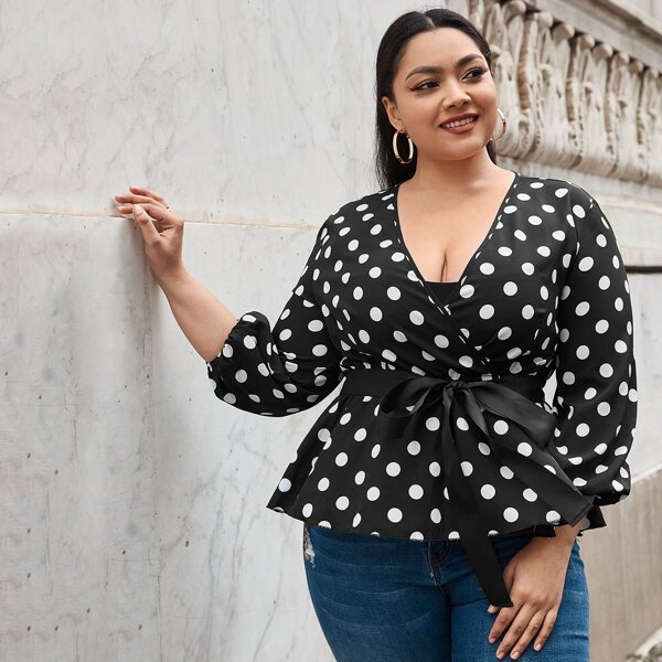 

Plus Polka Dot Self Tie Peplum Blouse, Black
