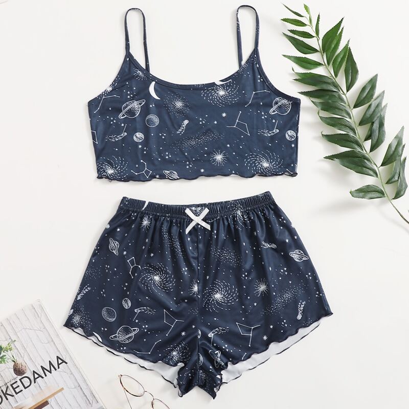 

Galaxy Print Lettuce Trim PJ Set, Navy blue
