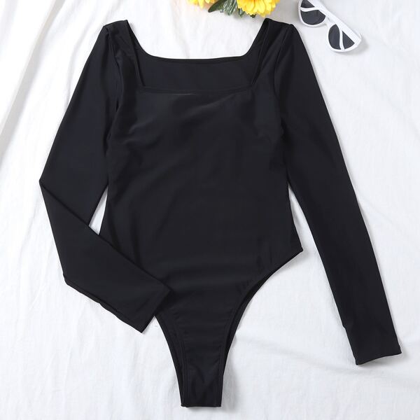 

Plain Square Neck One Piece Swimsuit, Black