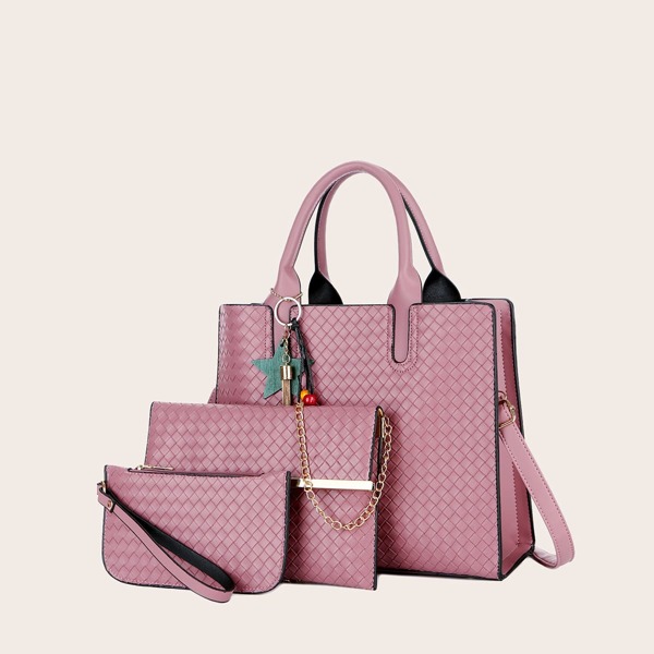 

3pcs Tassel Charm Braided Tote Bag Set, Pink