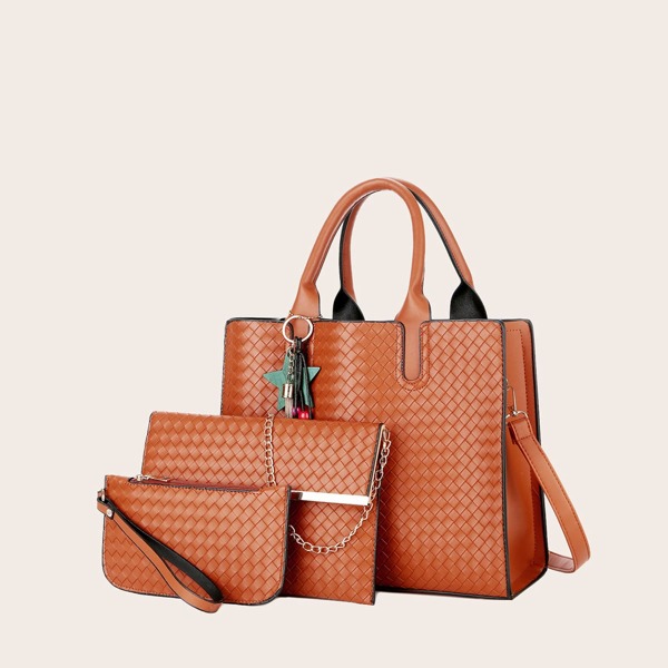 

3pcs Tassel Charm Braided Tote Bag Set, Brown