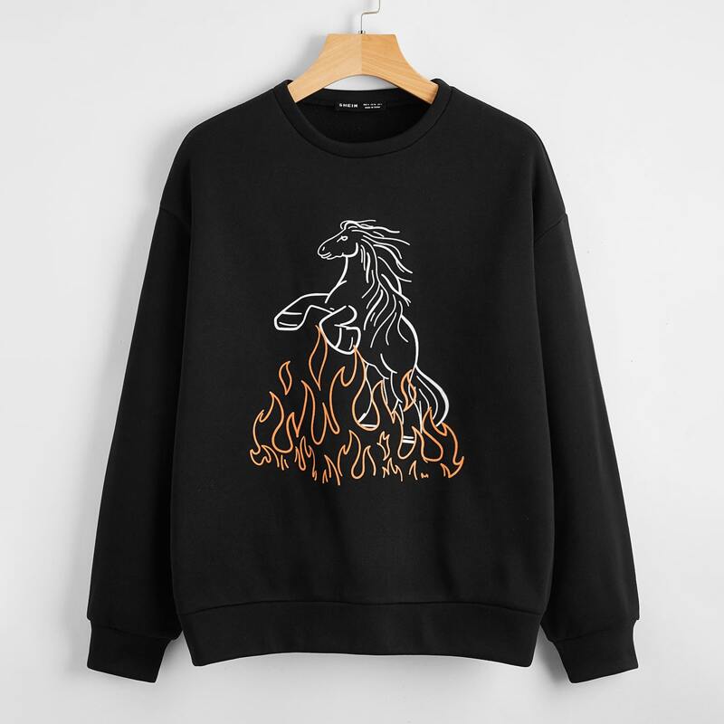 

Drop Shoulder Horse & Fire Sweatshirt, Black