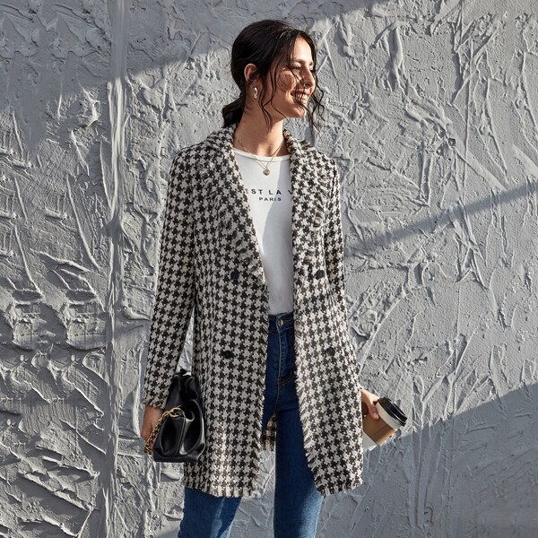 

Double Button Raw Edge Houndstooth Tweed Coat, Multicolor