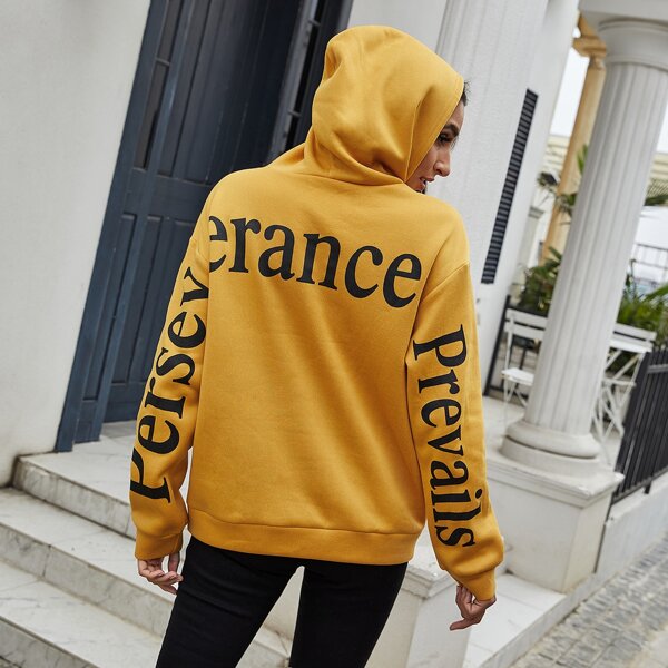 

Drop Shoulder Letter Graphic Drawstring Hoodie, Mustard yellow