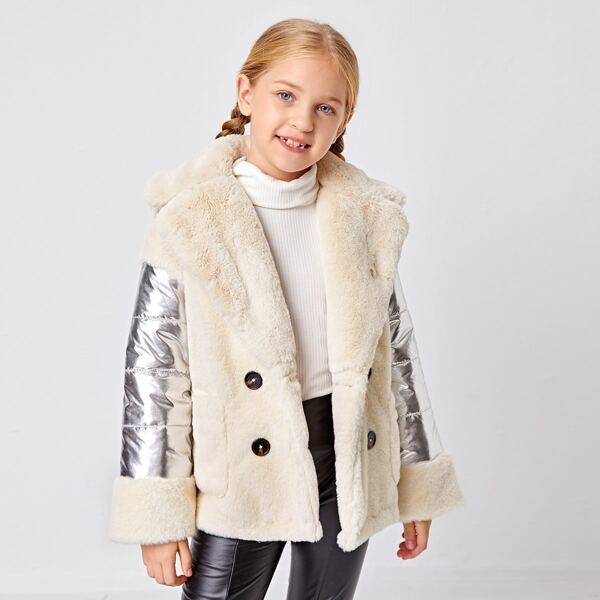 

Girls Notched Collar Pocket Front Metallic Sleeve Fuzzy Coat, Beige