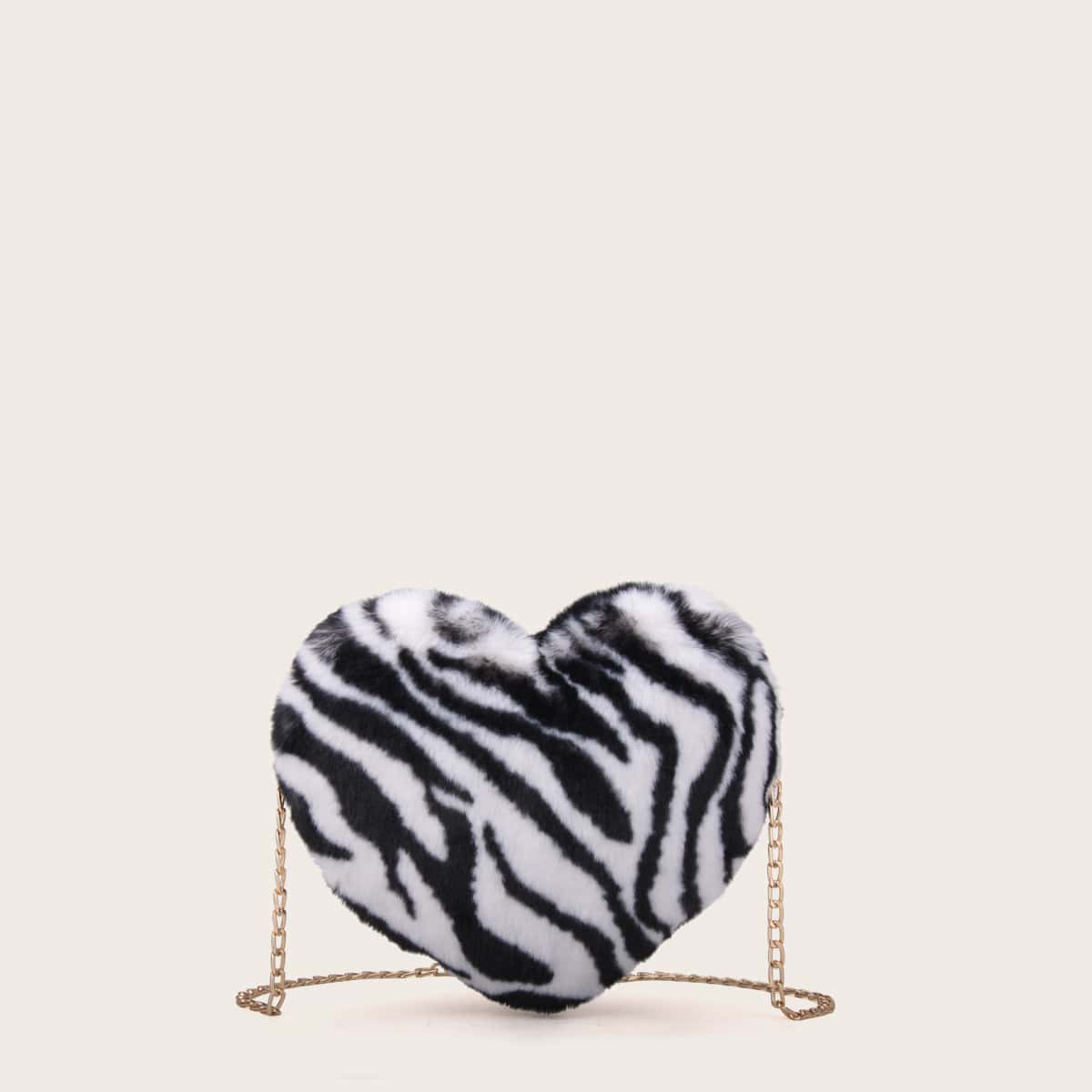 

Fluffy Heart Shaped Chain Bag, Black and white