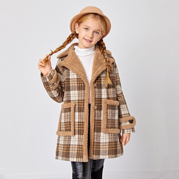 

Girls Patch Pocket Shearling Lined Plaid Coat, Multicolor