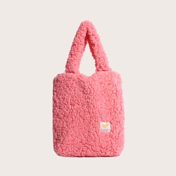 

Japanese Letter Patch Fluffy Satchel Bag, Pink