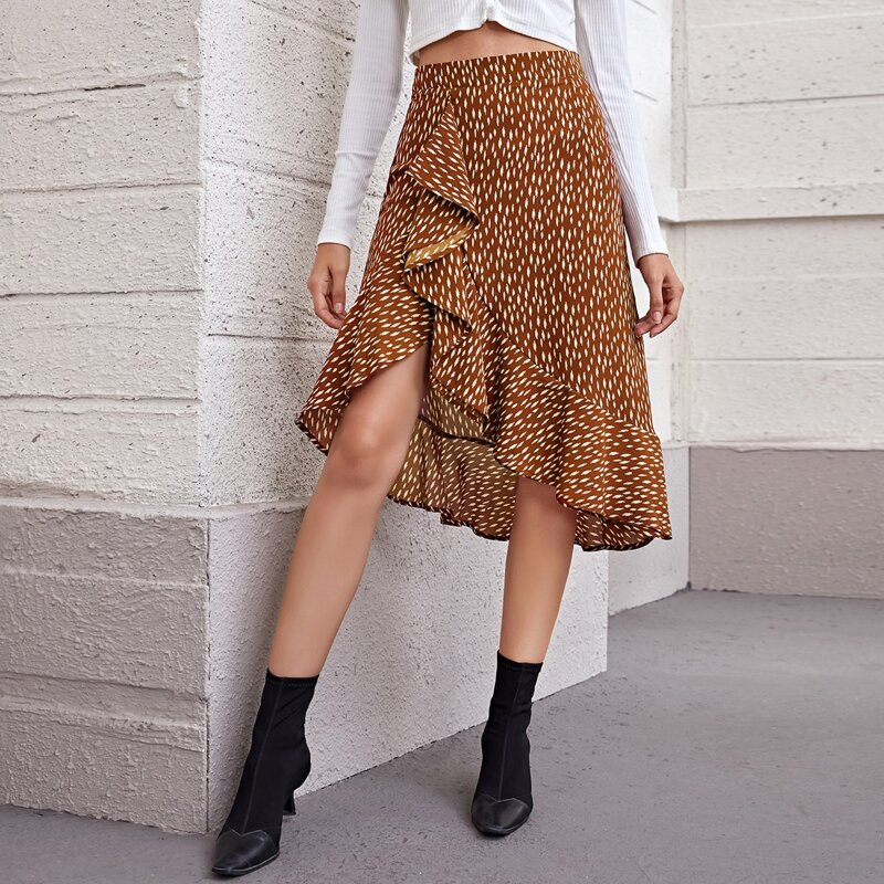 

Ruffle Asymmetrical Wrap Skirt, Brown