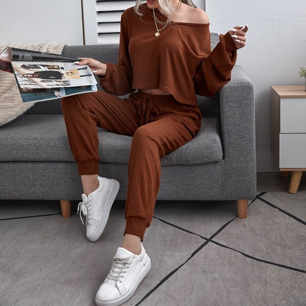 

Tee With Knot Front Sweatpants, Coffee brown