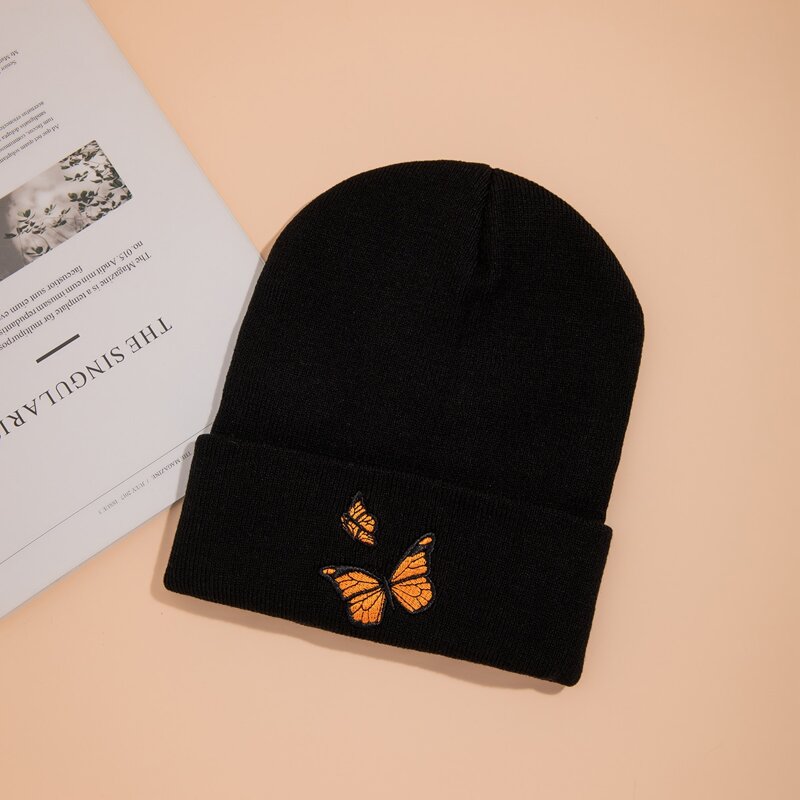 

Butterfly Embroidery Knit Beanie, Black