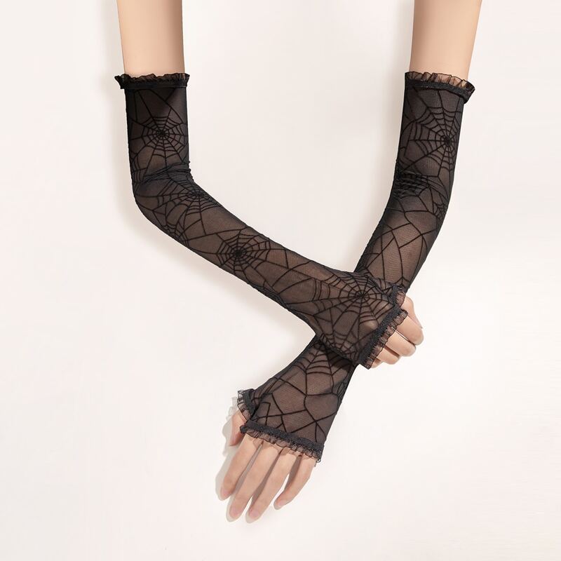

Spider Web Pattern Lace Open Finger Gloves, Black