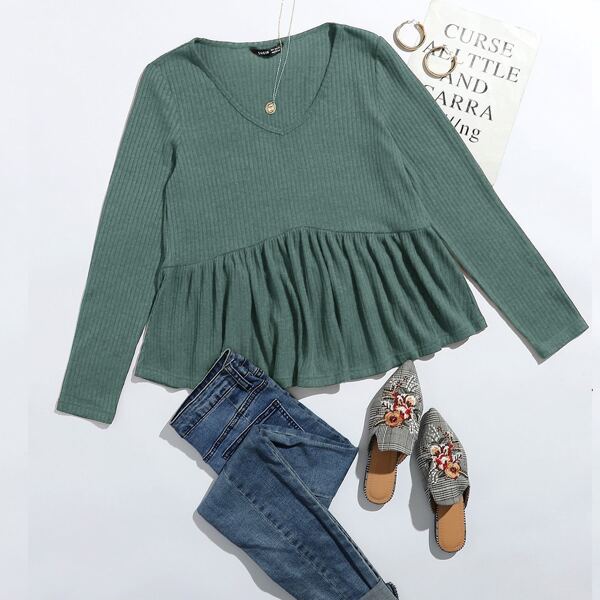 

V Neck Solid Peplum Top, Green