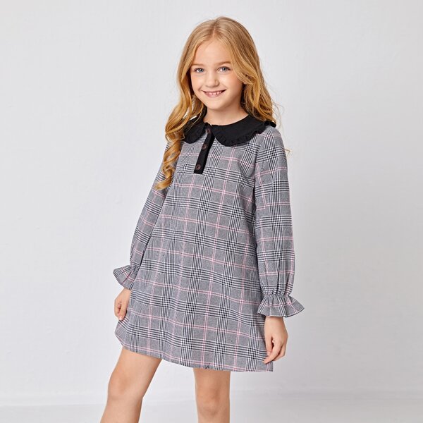 

Girls Contrast Peter Pan Collar Plaid Dress, Multicolor