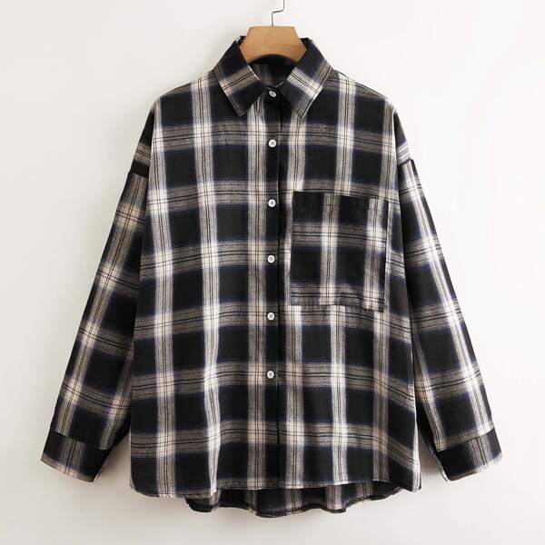 

Plus Plaid Pocket Patched Blouse, Black and white